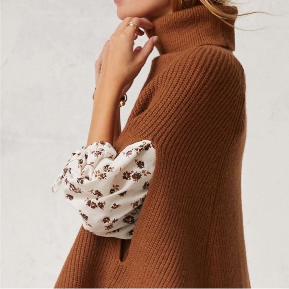 Anthropologie Ribbed Knit Poncho Turtleneck Sweater Layering Brown Women's OS - Picture 2 of 9